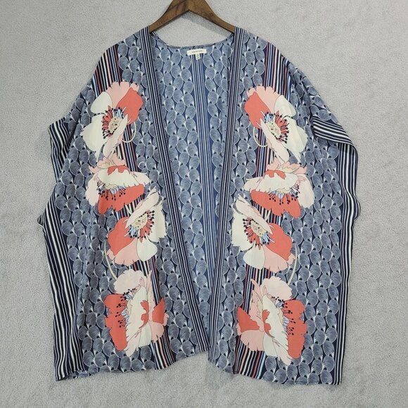 Max Studio Womens Floral Kimono Cardigan Medium Blue & Coral Chiffon - Picture 1 of 7